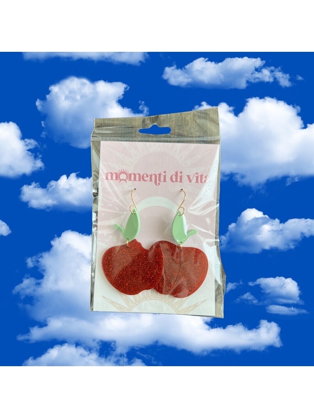 momenti di vita Red Glitter Apple Acrylic Earrings with Green Leaf Accent - Picture 4 of 4